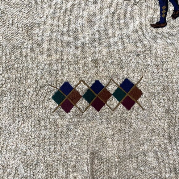 Carmel Mens Sweater Medium Pullover Knit Embroidered Vintage Golfer Argyle Beige - Picture 9 of 13